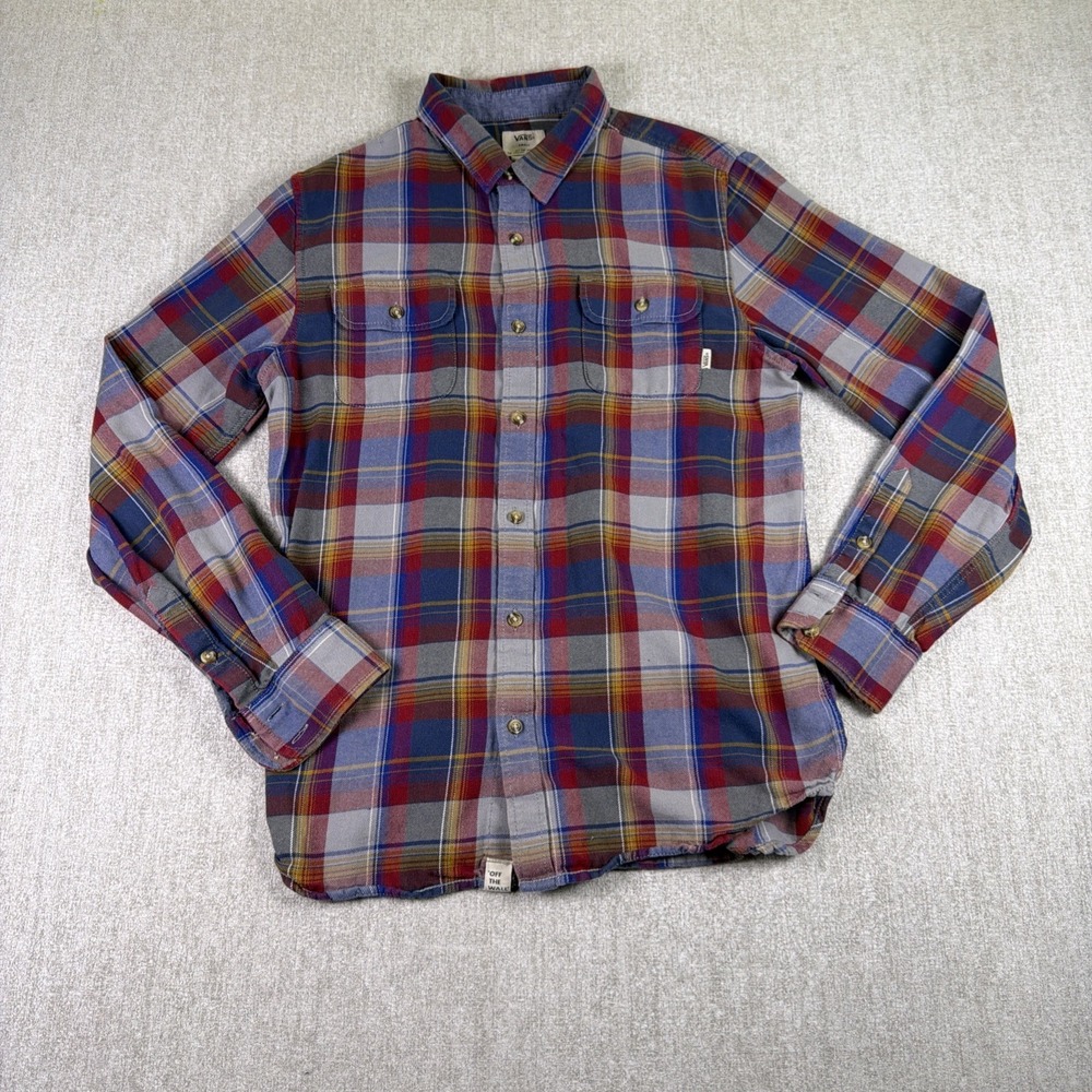 Vans Flannel Shirt Mens Small Red Blue Plaid Long Sleeve Button Up Pocket
